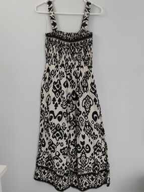 Smocked Wide Leg Summer Jumpsuit By Lapogee Ikat Cream Black Side Pockets  Small